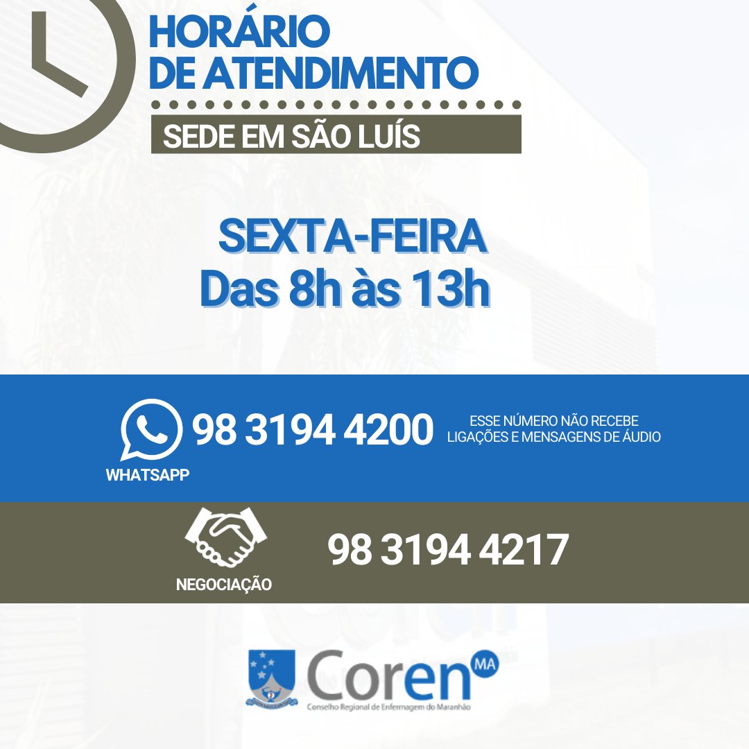 CorenMAoficial's tweet photo. Fique por dentro do novo horário de atendimento da Sede do Coren-MA, em São Luís, nas sextas-feiras.
#CorenMA ,#AbraceaEnfermagem , #ValorizeaEnfermagem , #AtendimentoaoPúblico , #InformeCorenMA. https://t.co/hyxi1S1LYY