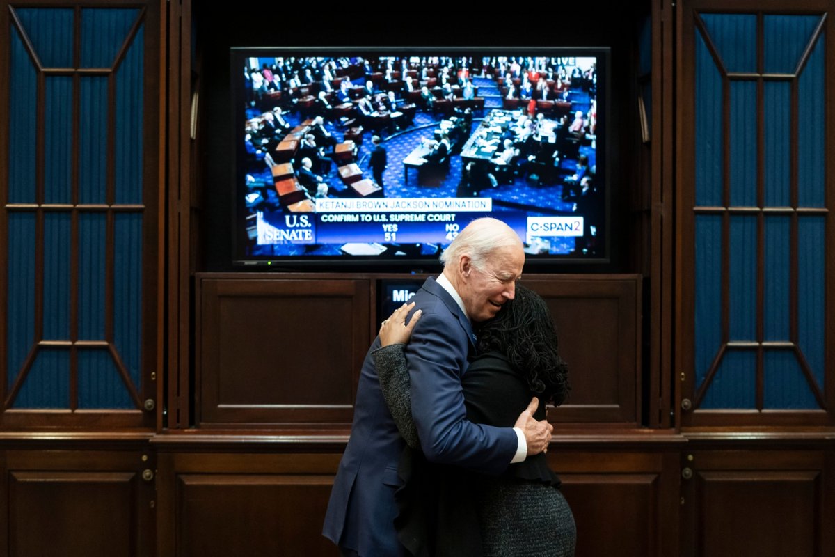 Photo: President Biden hugs Ketanji Brown Jackson as the moment the Senate had the votes to confirm her nomination to the U.S. Supreme Court.