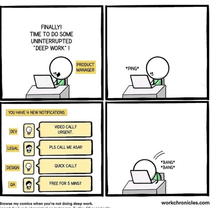 bandanjot's tweet photo. PMs can limit the distractions and remain focused by:
1. Keeping calendar blocked for focus time
2. Don't do the whole to do list, do only the top 3 most important things in it
3. 5-8 chrome tabs open at a time. Don't window shop.
4. Documentation > Always talking and explaining https://t.co/WmKlP6B8Sw