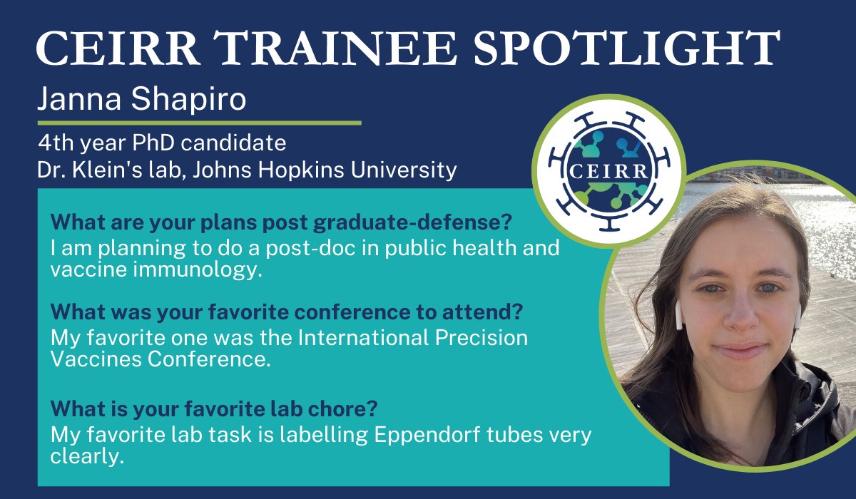 CEIRRNetwork's tweet photo. To celebrate Graduate Student Appreciation Week, the #CEIRR Network is spotlighting our trainees! Today we are giving a shoutout to @JannaShapiro in @KleinLab at @JohnsHopkinsMMI. Janna is from Montreal, Canada and a @mcgillu alum.
#CEIRRTrainees https://t.co/Fb03IjeiEU