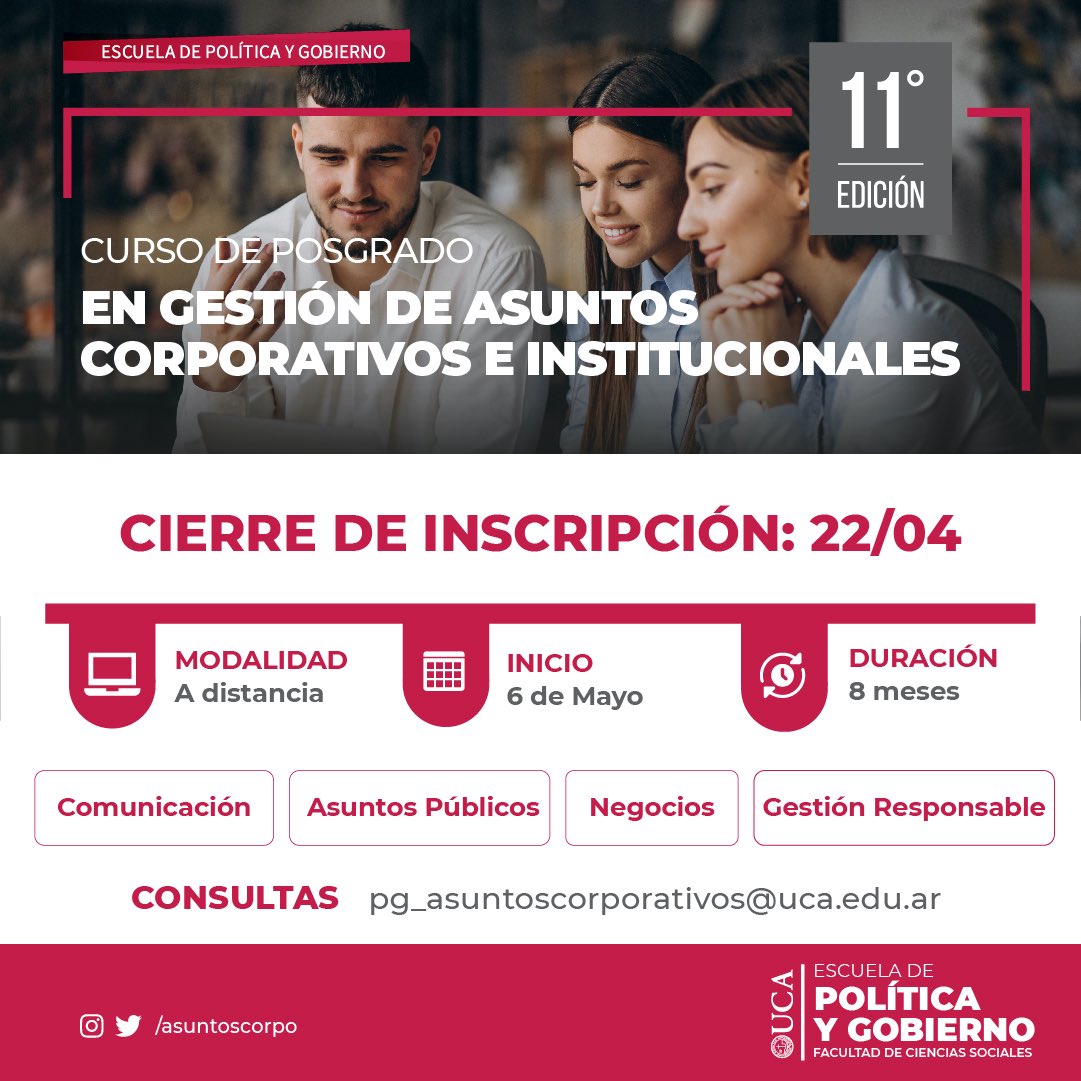 🔺¡Siguen abiertas las inscripciones al posgrado en Gestión de Asuntos Corporativos e Institucionales!🔺

👉🏼En esta XIº edición, seguimos apostando por la virtualidad para poder contar con la experiencia de profesionales de todo el país y la región.