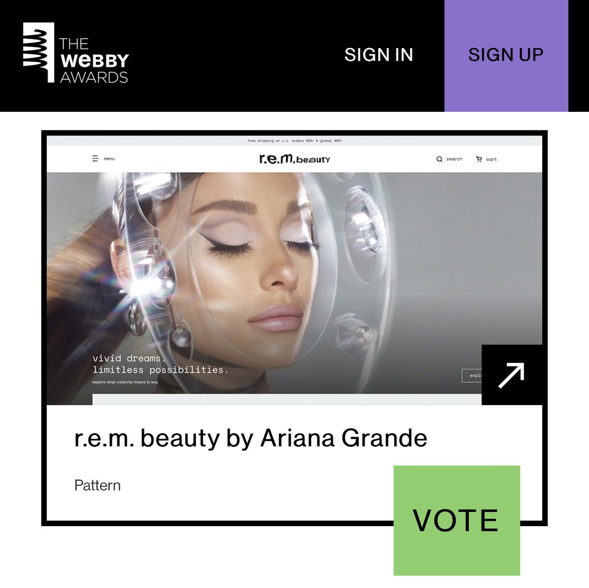 .<a href="/rembeauty/">r.e.m. beauty</a> is nominated for 2 @thewebbyawards! 🤍

🗳 best mobile user interface: vote.webbyawards.com/publicvoting#/…
🗳 fashion and beauty: vote.webbyawards.com/publicvoting#/…
