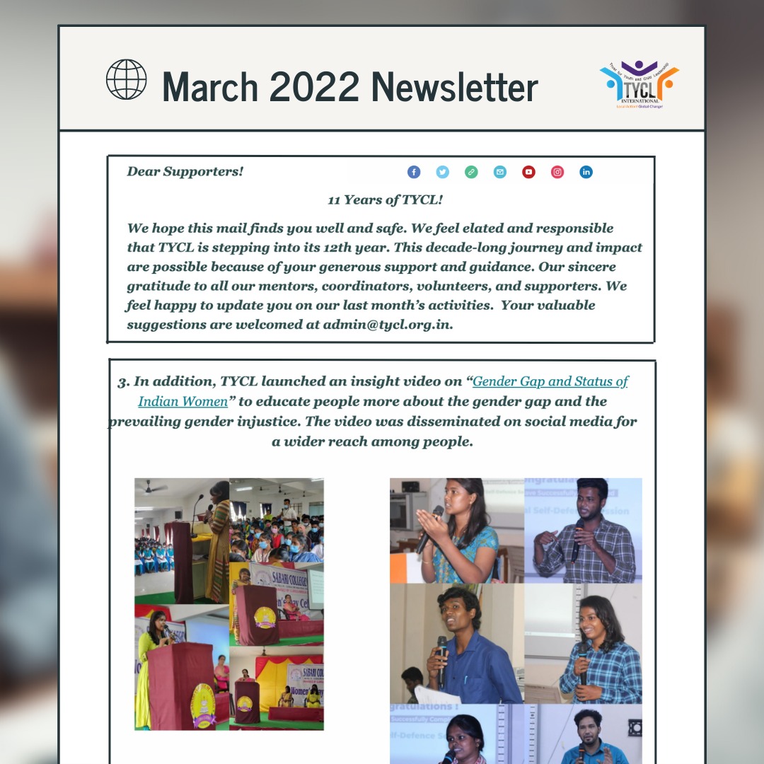 The March 2022 Newsletter is out! Please check all the amazing activities TYCL did in March bit.ly/March22news

#tycl
#trustforyouthandchildleadership