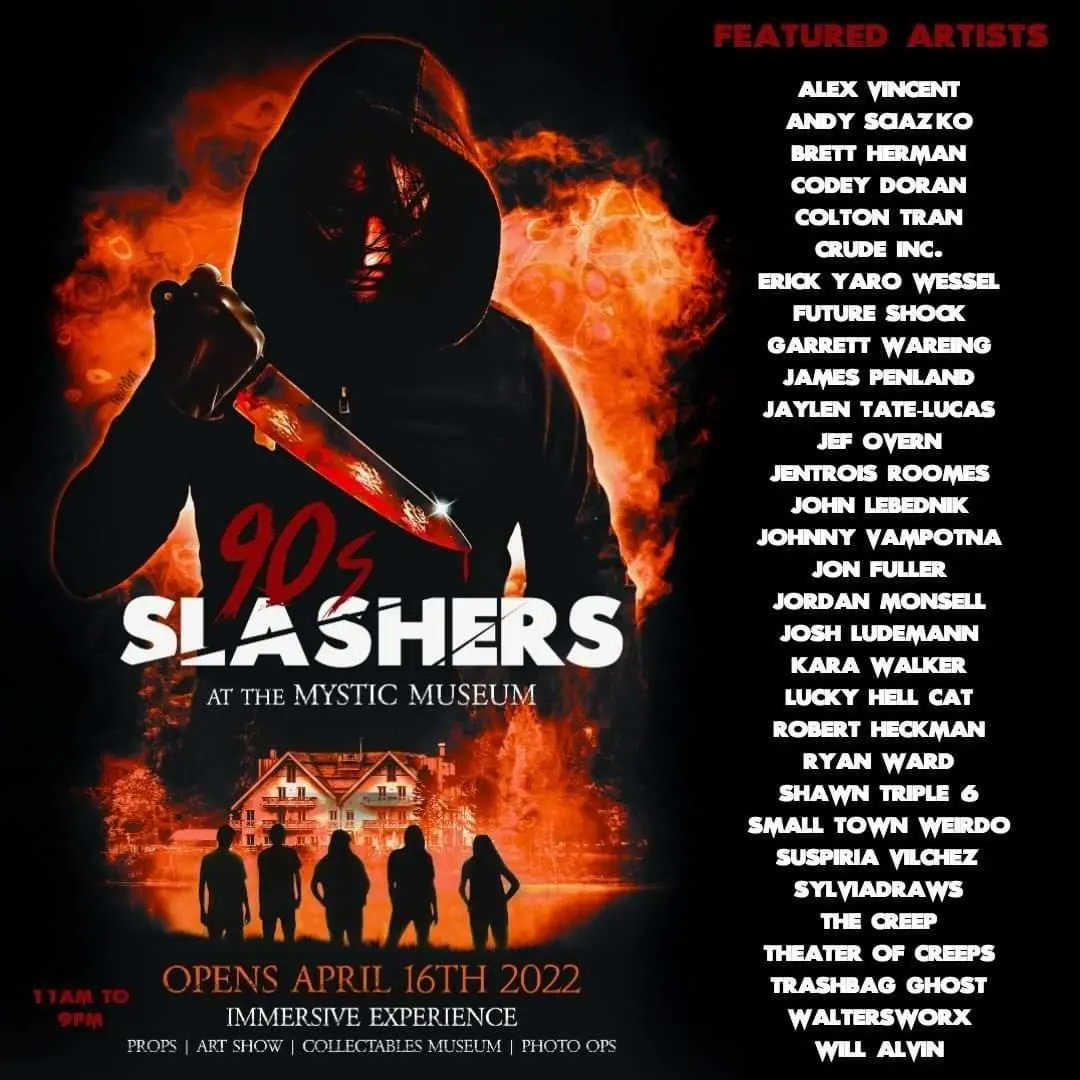 TrashbagGhost's tweet photo. It's going down in Burbank CALIF. on April 16th at @TheMysticMuseum BE THERE! 🖤🔪🔪🔪 #90SSLASHERS https://t.co/rqLQwnKrtS