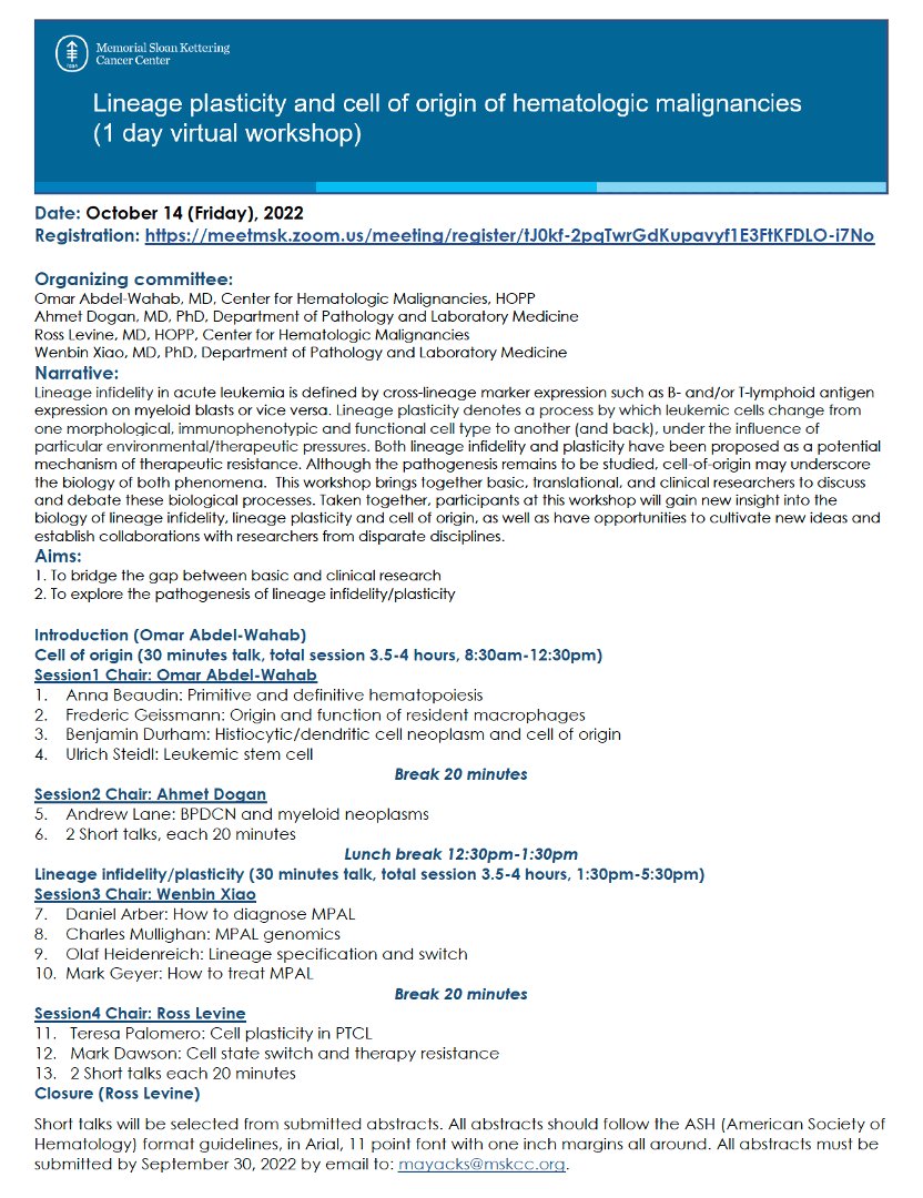 AbdelWahablab's tweet photo. It is a pleasure to announce a unique workshop on Lineage Plasticity &amp; Cell-of-Origin of Hematologic Malignancies hosted by @CHM_MSKCC &amp; @MSKPathology @MSKCancer Center. October 14, 2022. Registration:
https://t.co/z4LQwdeanr https://t.co/FrTy0UK1LN