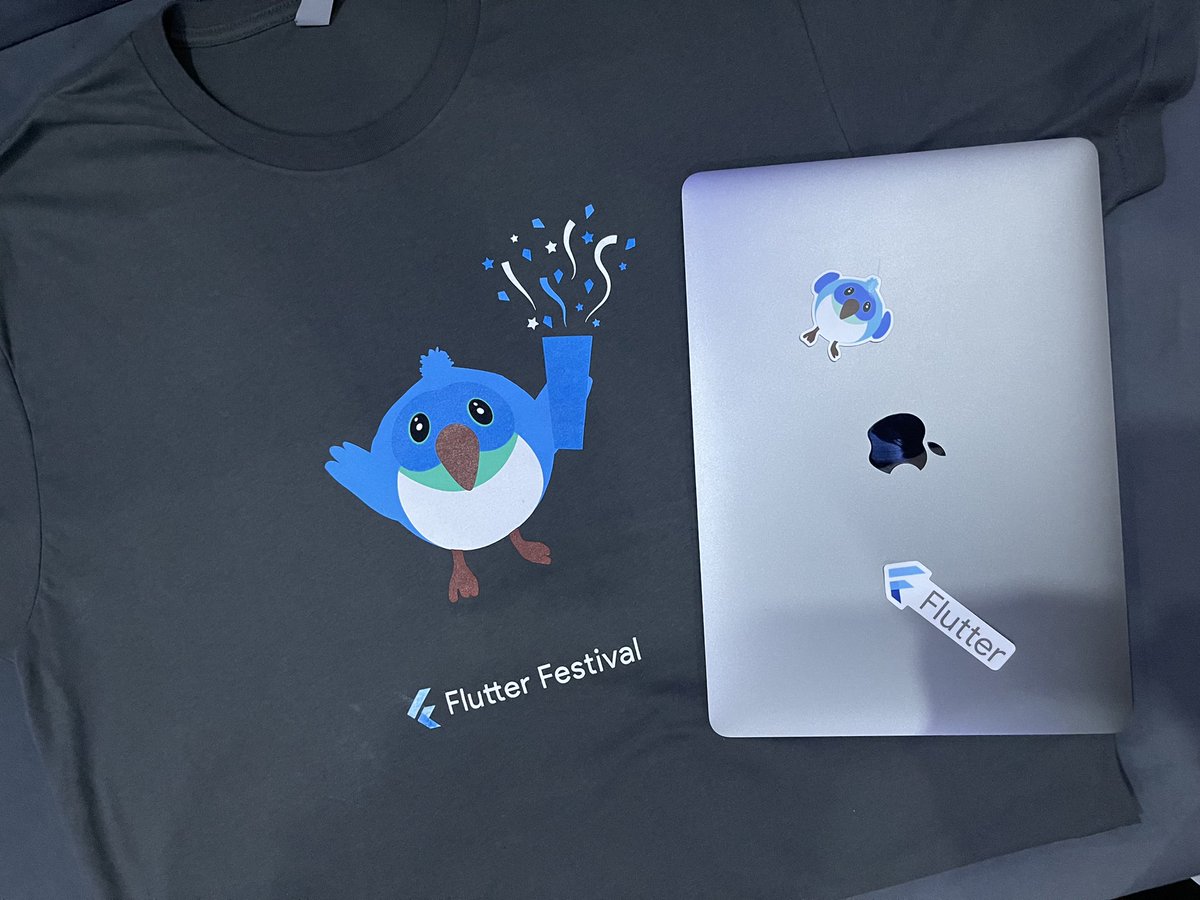 themichaelalo's tweet image. My Flutter t-shirt came in today with some beautiful Flutter stickers for my laptop. Thank you for the gift @FlutterCan
