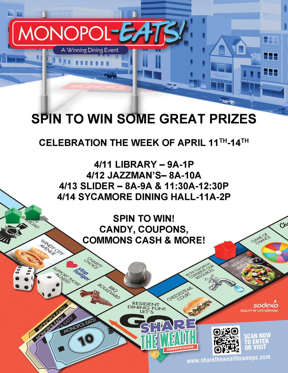 isulib's tweet photo. Monday April 11 - Sodexo Nationwide Adventure in the ISU Library's Cup and Chaucer!

19  national winners get $500 CASH [check] plus $500 donation in their name to a campus or community food bank of their choice. Follow the QR code to enter. #monopol-eats #contest #foodbanks https://t.co/bebKHgi2mv