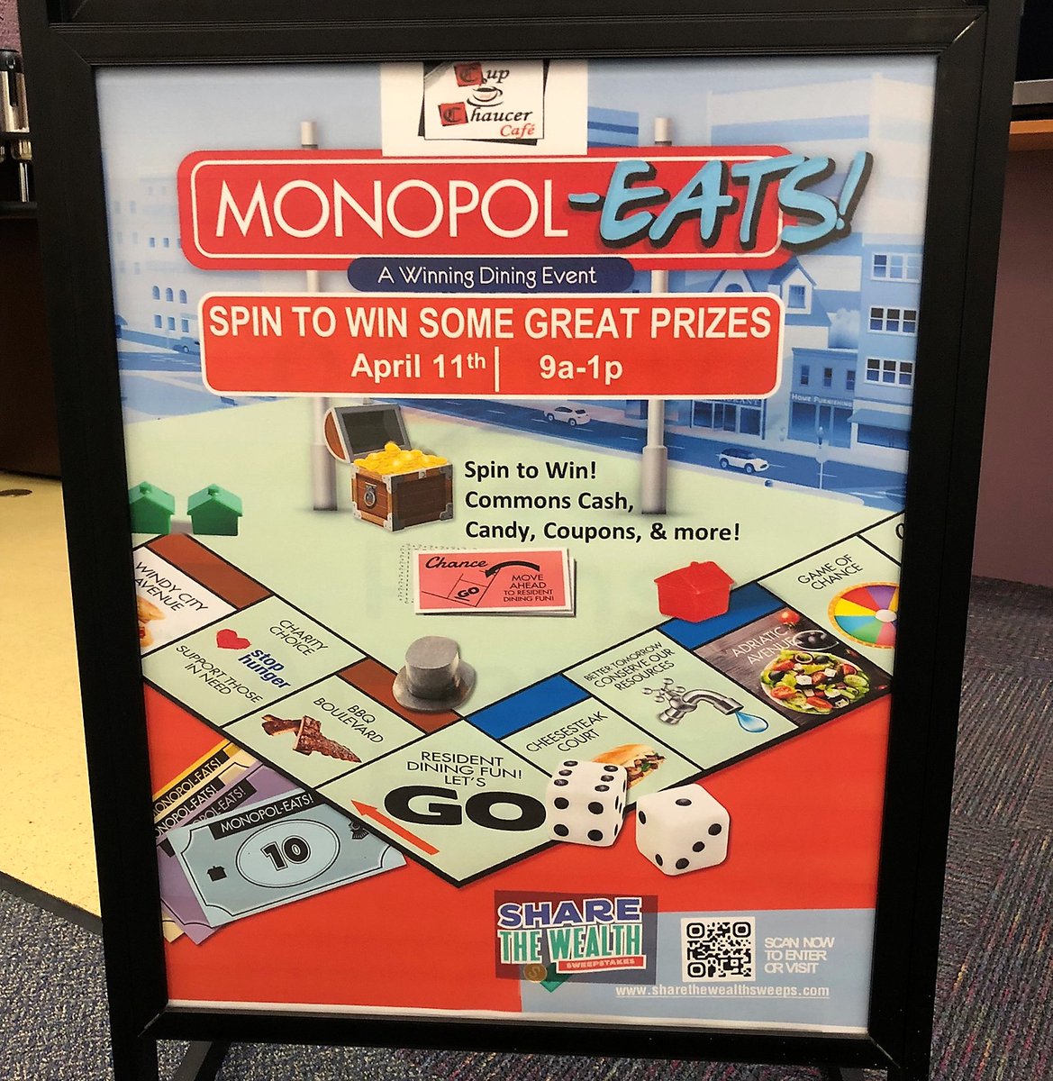 Monday April 11 - Sodexo Nationwide Adventure in the ISU Library's Cup and Chaucer!

19  national winners get $500 CASH [check] plus $500 donation in their name to a campus or community food bank of their choice. Follow the QR code to enter. #monopol-eats #contest #foodbanks