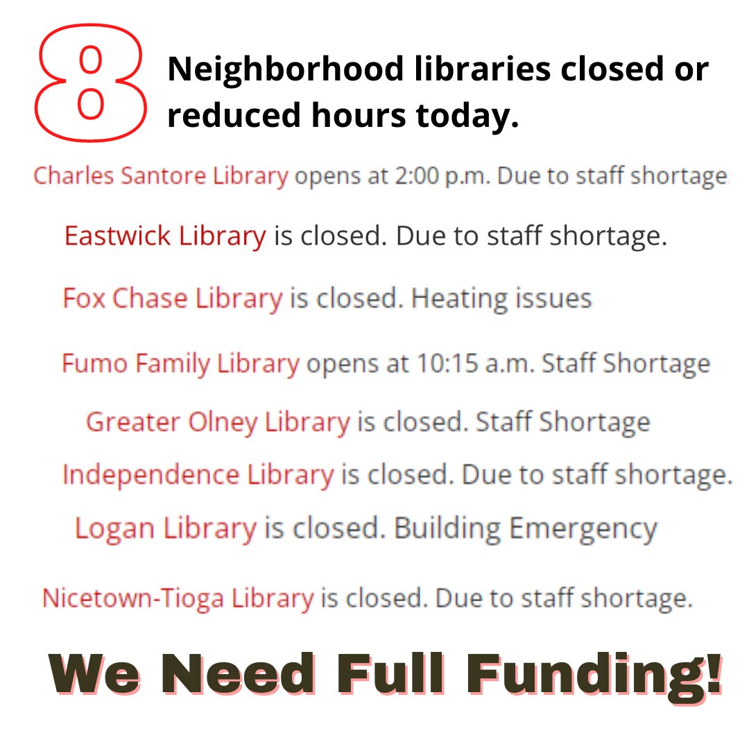 FreeLibFriends's tweet image. 8 branches closed or reduced their hours today. Our extraordinary library workers and the neighbors they serve deserve safe buildings and a full complement of staff. Call council and tell them to #FundOurLibrariesPHL