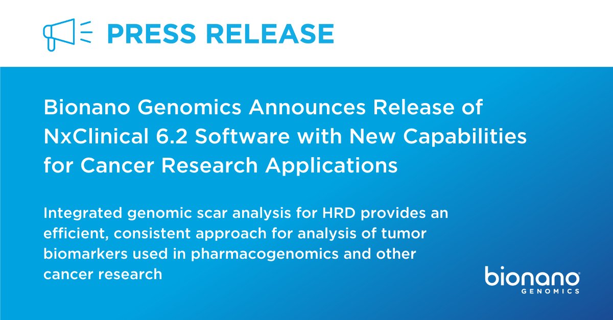 bionano's tweet photo. We're thrilled to announce the latest release of NxClinical software developed by @BioDiscoveryInc, a #Bionano company. This version adds automated genomic scar analysis, which lets #cancer researchers look for homologous recombination deficiency (#HRD) in #solidtumors. https://t.co/UWtRd9o7fc