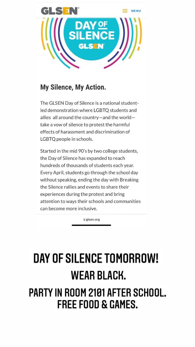 MsGintersClass's tweet image. Day of Silence will be honored by Hayes on Fri, April 8. 🏳️‍🌈🖤
