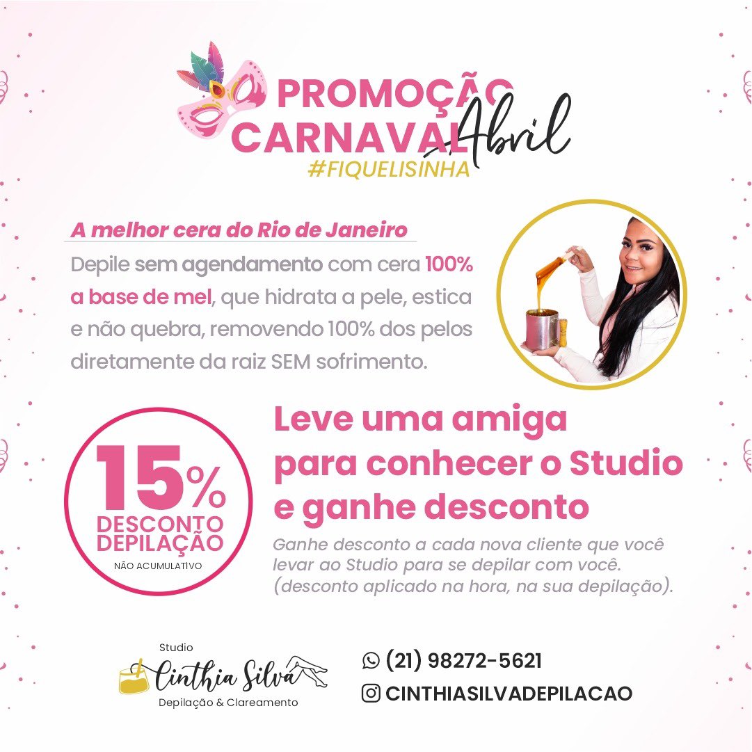 PROMOÇÃO DE CARNAVAL MENINAS 🎭 

Trazendo uma amiga para conhecer nosso Studio e realizar qualquer serviço, você ganha 15%  🤩

Maravilha né??? Então chama as amigas para aproveitar