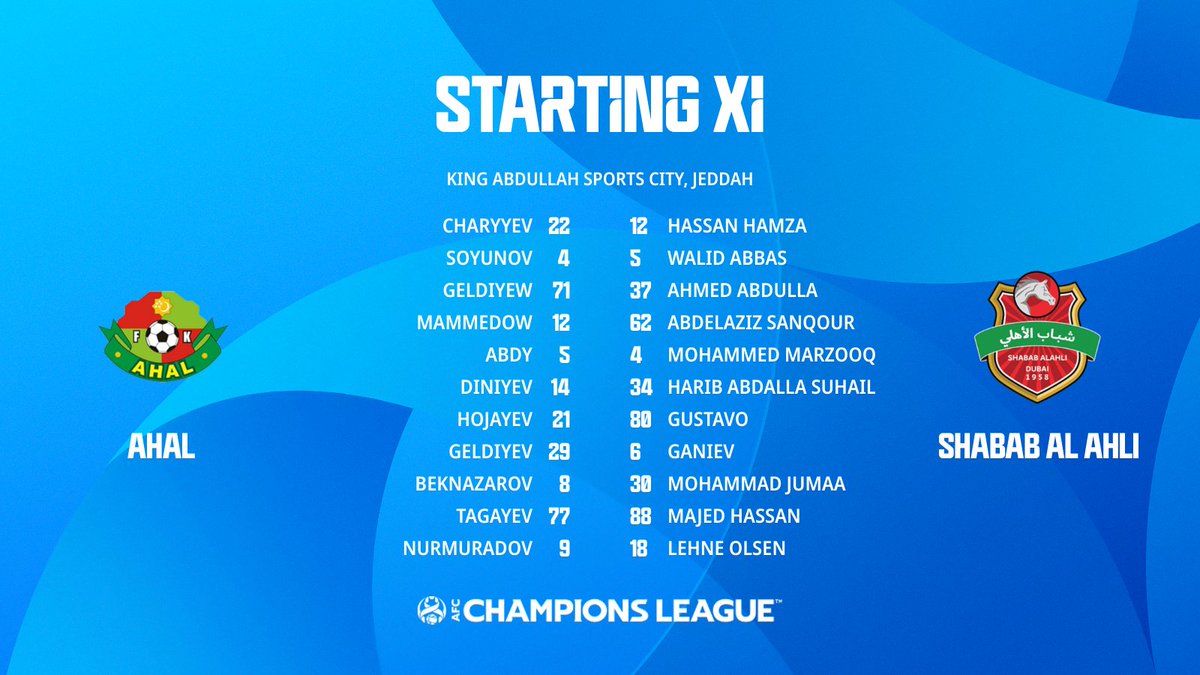 TheAFCCL's tweet photo. 📋 LINE UPS | 🇹🇲 Ahal 🆚 @Shabab_AlAhliFC 🇦🇪
A big challenge for the Turkmen side on their #ACL debut ⚔️
Who will secure the points in tonight's match❓
📺 Watch it LIVE: https://t.co/sMjqIhGjJJ
#ACL2022 | #AHAvSAH https://t.co/RmEhISV7I7