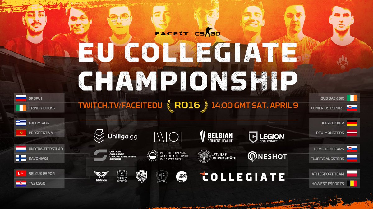 FACEITCollege's tweet image. 100+ teams from 13 qualifiers have finally come down to the Top 16 teams in ALL of Europe.

Which country will be crowned @FACEIT&apos;s first-ever EU #CSGO Collegiate CHAMPION? 👑

Watch the Ro16 PLAYOFFS starting 14:00 GMT this Saturday, April 9, on twitch.tv/faceitedu! 💥