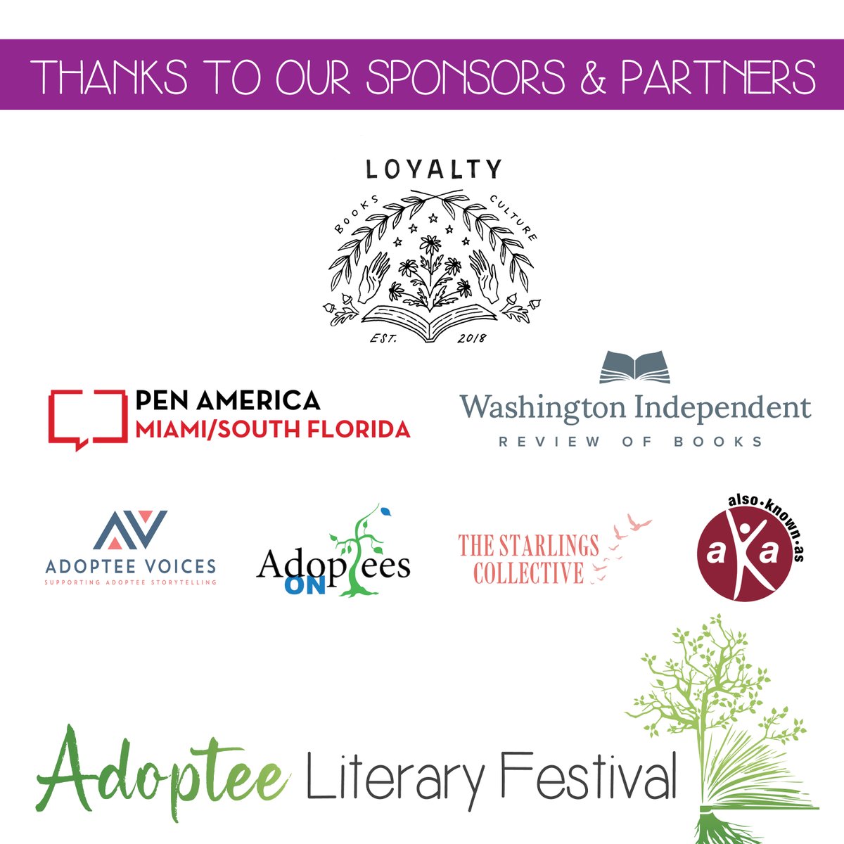 <a href="/PENamerica/">PEN America</a> @WIRoBooks <a href="/adopteeson/">Adoptees On</a> <a href="/starlingscoll/">The Starlings Collective</a> @Loyaltybooks We are thrilled to welcome <a href="/alsoknownasinc/">Also-Known-As, Inc.</a> as a partner for this year's festival! Thank you for all your support!