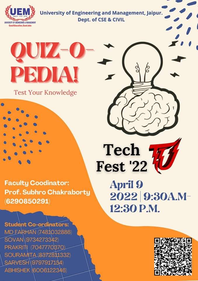 BiswajoyChatte1's tweet image. Technical Festival - Tech Utopia ‘22 at the University of Engineering &amp;amp; Management (UEM), JAIPUR on 8th and 9th April, 2022 at the University campus.

Scan the QR codes given in the posters for details and participation.

#TechFest #TechUtopia #UEMJaipur
