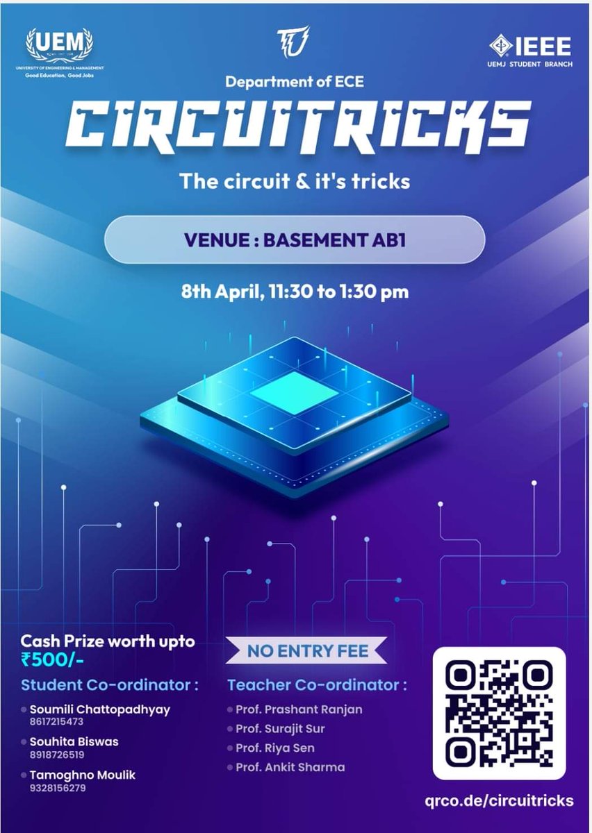 BiswajoyChatte1's tweet image. Technical Festival - Tech Utopia ‘22 at the University of Engineering &amp;amp; Management (UEM), JAIPUR on 8th and 9th April, 2022 at the University campus.

Scan the QR codes given in the posters for details and participation.

#TechFest #TechUtopia #UEMJaipur