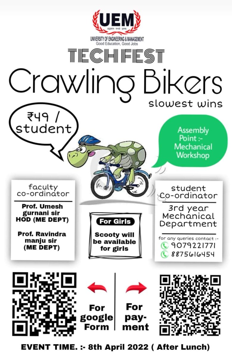 BiswajoyChatte1's tweet image. Technical Festival - Tech Utopia ‘22 at the University of Engineering &amp;amp; Management (UEM), JAIPUR on 8th and 9th April, 2022 at the University campus.

Scan the QR codes given in the posters for details and participation.

#TechFest #TechUtopia #UEMJaipur