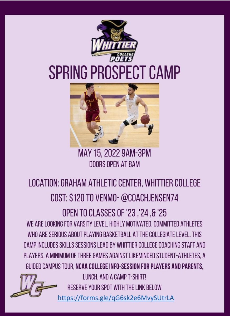 🏀🏀🏀 ATTENTION 🏀🏀🏀
             WE'RE BACK!!!
We will be hosting our Spring Prospect Camp on May 15th. Follow the link below to sign up. Full day of 🏀 and information. #fearthepoet🖋
docs.google.com/forms/d/e/1FAI…