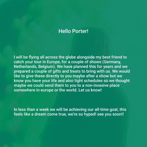 TrabuTuri's tweet photo. @porterrobinson hi! my friend 
 and I are catching your tour in europe and we would like you to read this. We landed in Berlin, we're so looking forward to it!! See you soon (｡◕‿◕｡) https://t.co/gXX6sMbFfB
