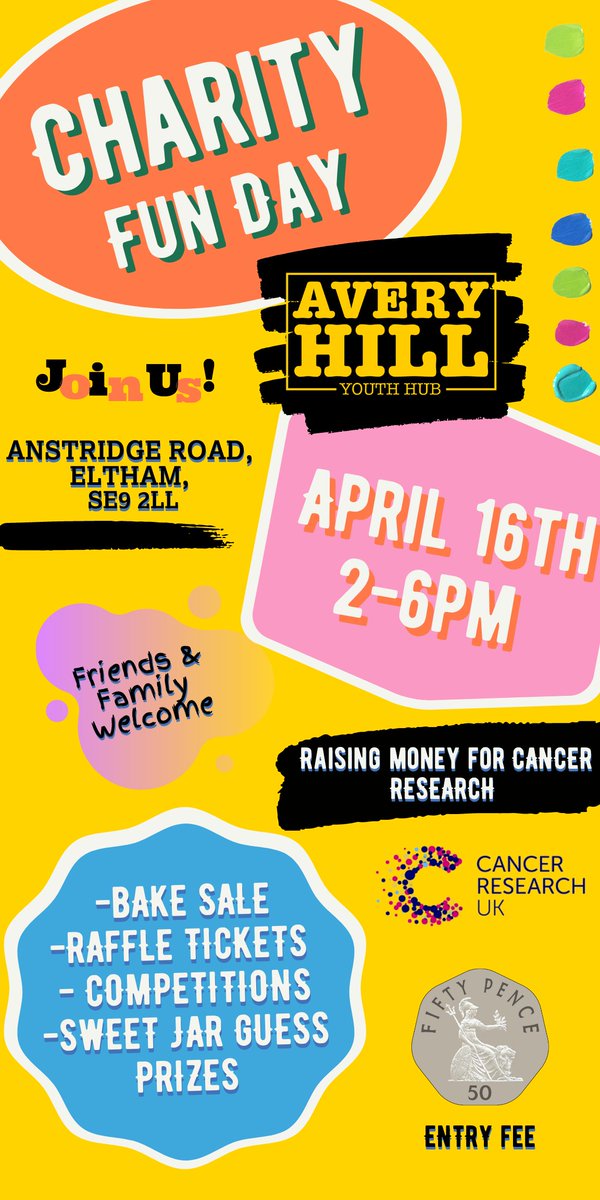 Join <a href="/averyhill_youth/">Avery Hill Youth Hub</a> on April 16 for their Charity Fun Day, where they will be raising money for Cancer research!!🗣️🥳 ALL WELCOME!