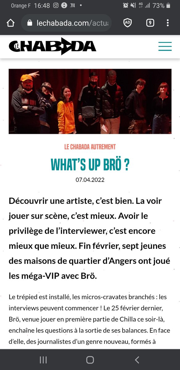 "What's up Brö ?" est l'une des actions culturelles réalisées au <a href="/lechabada/">Le Chabada Angers</a> en février en partenariat avec <a href="/Report_cite/">Association Report'Cité</a> 
Découvrez l'ensemble de la production directement sur le site du Chabada et l'ensemble de ses réseaux sociaux.
#actionculturelle #partenariat