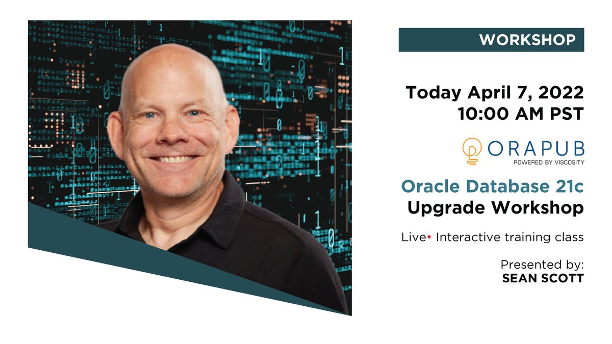 ViscosityNA's tweet image. Have you already scheduled to attend the upcoming Oracle 21c Upgrade Hands-On Workshop by @OraPubInc, presented by @oraclesean today at 10:00 am PST?
Register now: orapub.com/training-21c-u…
#oracle21c #oracledba #oracleace #OraPub