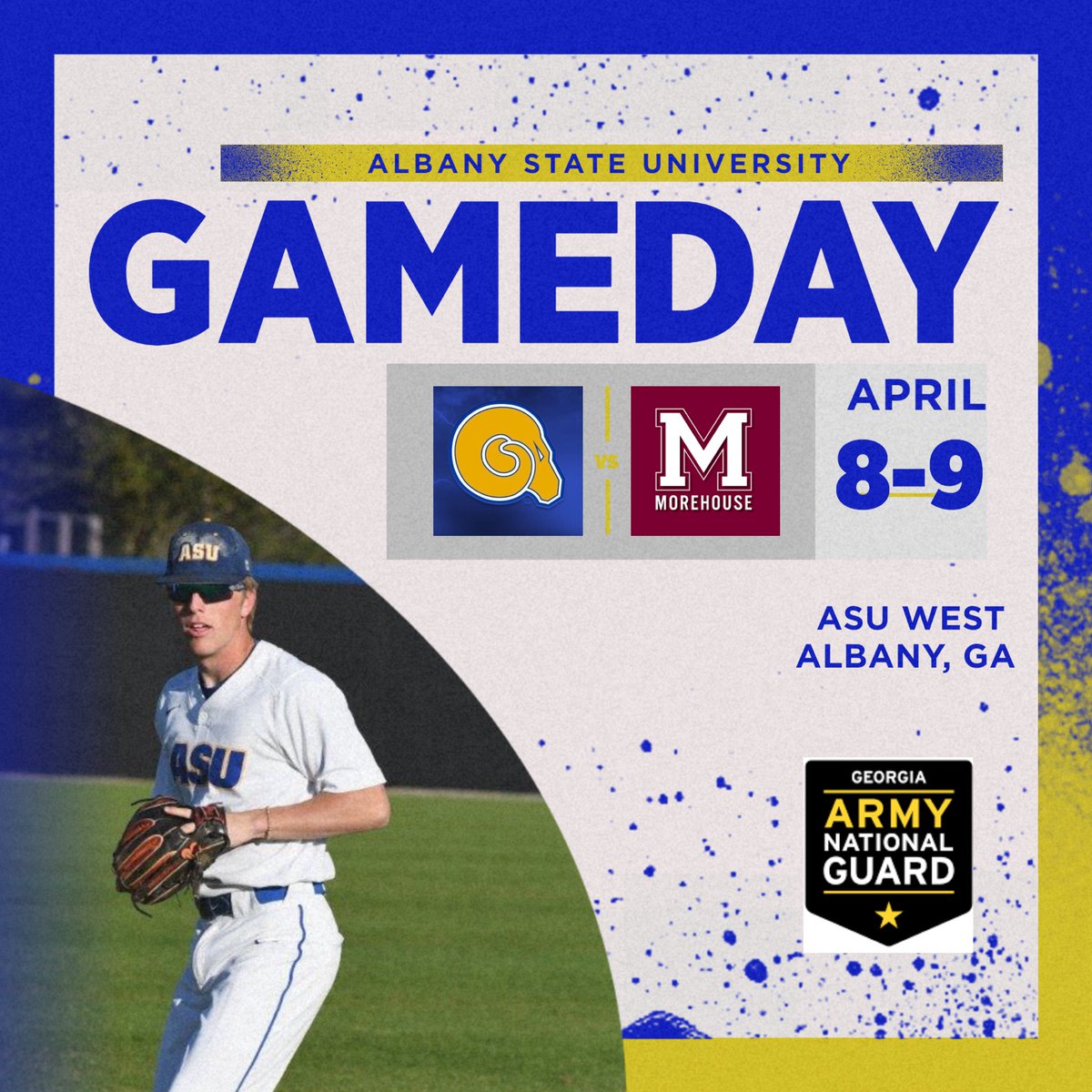 The Albany State Golden Rams will host the Morehouse College Maroon Tigers for a 3-game series on April 8-9

Game #1 is scheduled at 6:00 pm at the ASU West Campus on Friday, April 8 #GoGoldBleedBlue