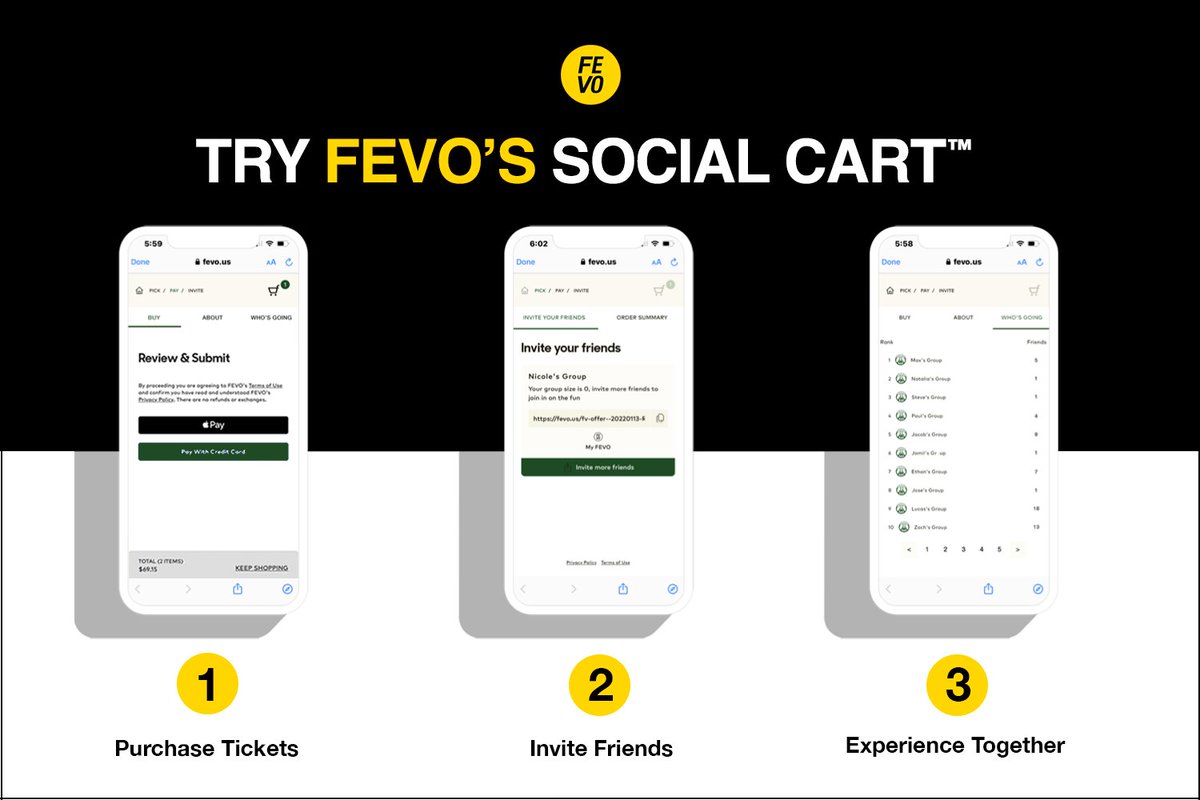 Reduce abandoned carts with Apple &amp; Google Pay integrated directly into the FEVO checkout. Your fans can securely pay with just one tap or click without ever leaving your site! Contact your Success Rep or email BD@FEVO.com for details about what our Social Cart™ can do for you!