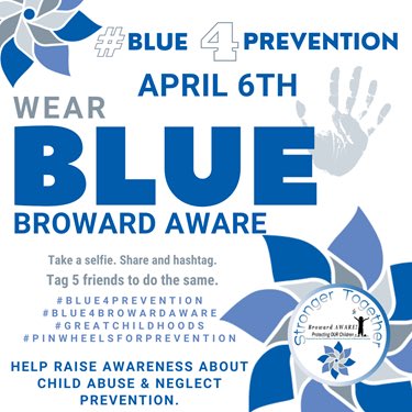 This month is Child Abuse Prevention month. The county and cities across Broward County are lighting up blue to raise awareness and show we are stronger together. @CSCBroward @browardinfo @TownofDavie #blue4prevention #blue4browardaware