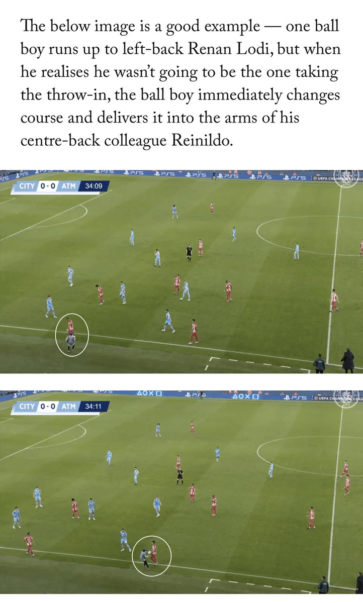 VSportsTM's tweet photo. Texto y fotos publicados por @TheAthletic hoy. Pep Guardiola les dio instrucciones a los alcanza pelotas de Manchester City para que la entreguen rápido y así evitar la demora de los jugadores del Atlético. El mismo ballboy apunta primero a Lodi pero termina dándosela a Reinildo. https://t.co/3U53HOUZsH