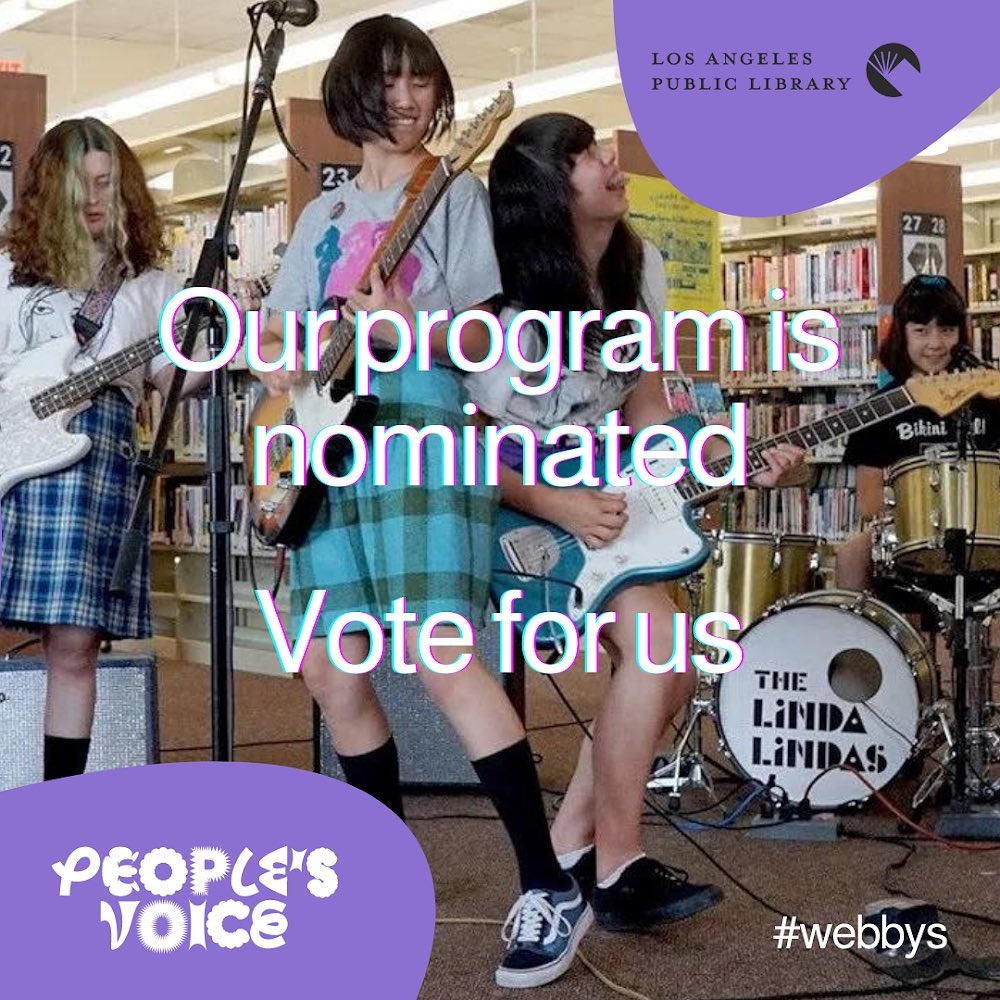 We're up for a Webby! 🥳🏆🎉

Vote for the <a href="/thelindalindas/">The Linda Lindas</a> performance at Cypress Park Branch Library and help us take home the People's Voice award: lapl.me/mYEiGIZ