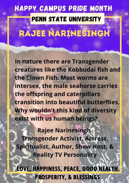 RAJEEACTRESS's tweet photo. HAPPY CAMPUS PRIDE MONTH TO PENN STATE UNIVERSITY FROM RAJEE NARINESINGH! #PennState
Proud to be a #transactivist #transauthor #transspiritualist #transactress #transshowhost & #transrealitytvpersonality https://t.co/EWoarhVHwl