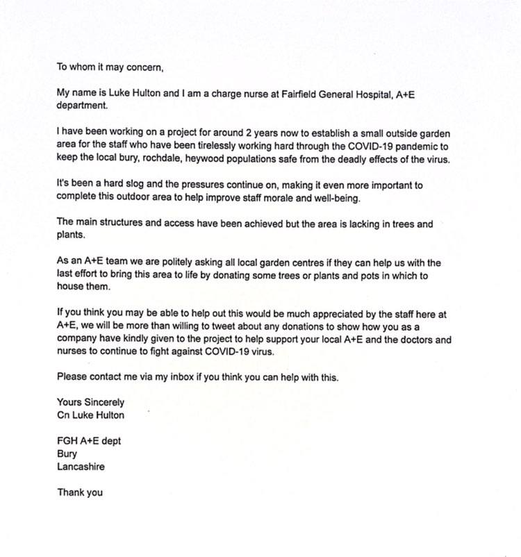 lukehulton's tweet photo. Team #fghED are asking local garden centres for donations please read letter below, for more info on our #wellbeing #garden, scan our #justgiving QR code for more details @bmstores @BandQ @newbankgarden @placetopotter @BuryCO_NHS https://t.co/FZcl2xkrrg