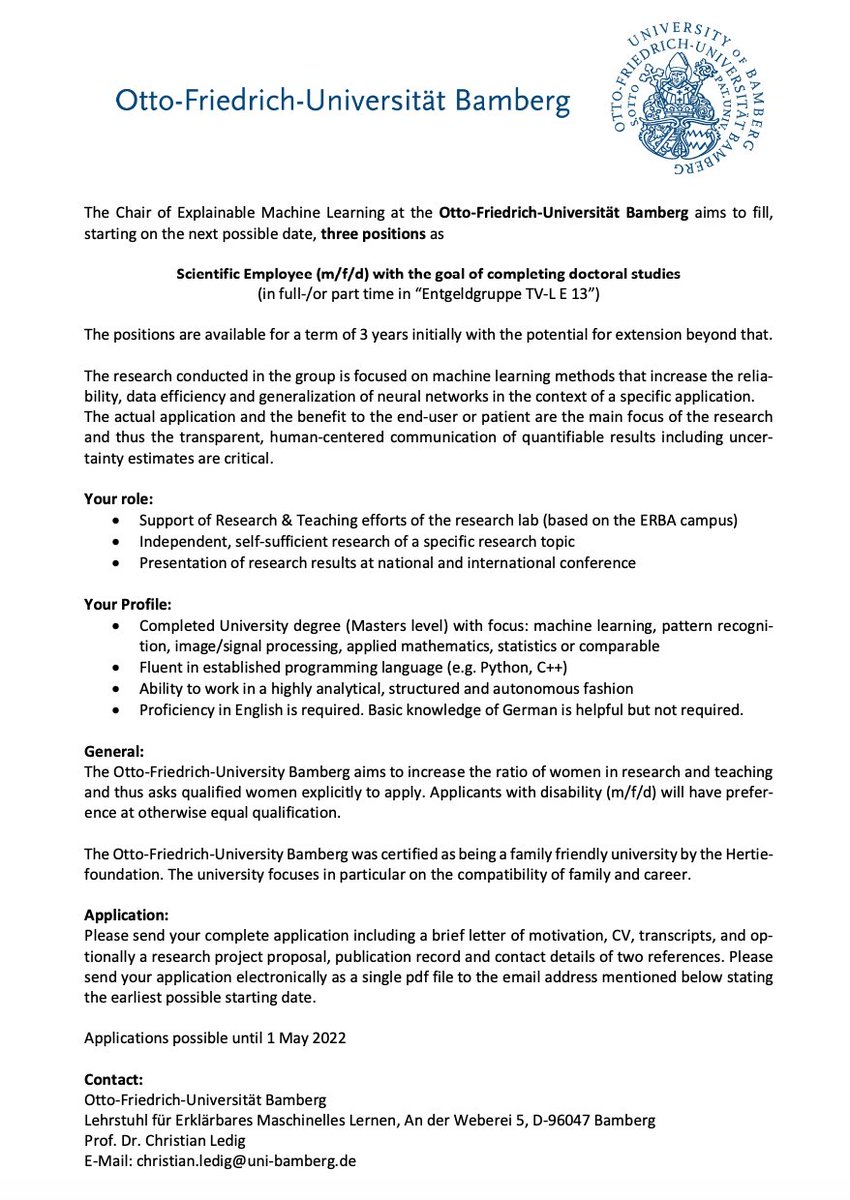 Christian Ledig (@ledigchr) on Twitter photo 🚨PhD Opportunity. I have several funded #PhDpositions <a href="/uni_bamberg_of/">Universität Bamberg</a>. If you are interested in doing applied ML research (e.g. in healthcare) please get in touch. Details below.
Shares/RTs very welcome 🙏
<a href="/phd_position/">PhDposition</a> <a href="/academics_de/">academics.de</a> #AcademicTwitter #PhD <a href="/FachschaftWIAI/">Fachschaft WIAI – Uni Bamberg – ARCHIV</a> 🚨PhD Opportunity. I have several funded #PhDpositions <a href="/uni_bamberg_of/">Universität Bamberg</a>. If you are interested in doing applied ML research (e.g. in healthcare) please get in touch. Details below.
Shares/RTs very welcome 🙏
<a href="/phd_position/">PhDposition</a> <a href="/academics_de/">academics.de</a> #AcademicTwitter #PhD <a href="/FachschaftWIAI/">Fachschaft WIAI – Uni Bamberg – ARCHIV</a>