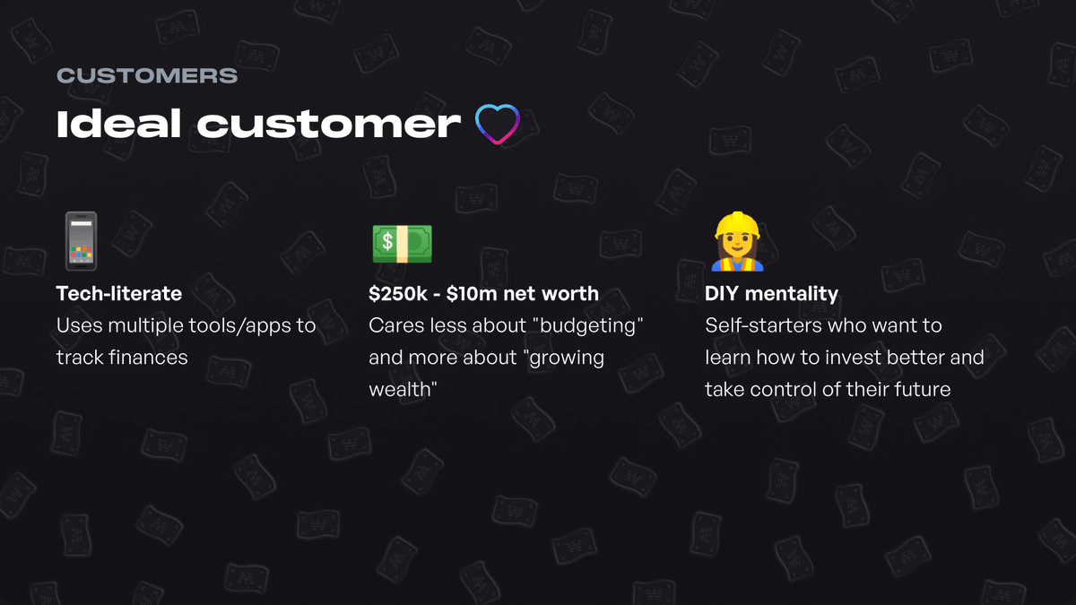 Who will our customers be? The best fit will be...Tech-literate $250k-$10m net worthDIY mentality