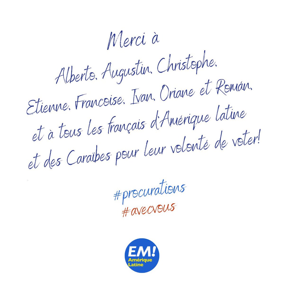 EnMarcheAmlat's tweet photo. Merci à tous ceux qui se sont engagés en Amérique latine et Caraïbes pour avoir accepté des procurations ! #avecvous #Macron https://t.co/8KndNKnqHk