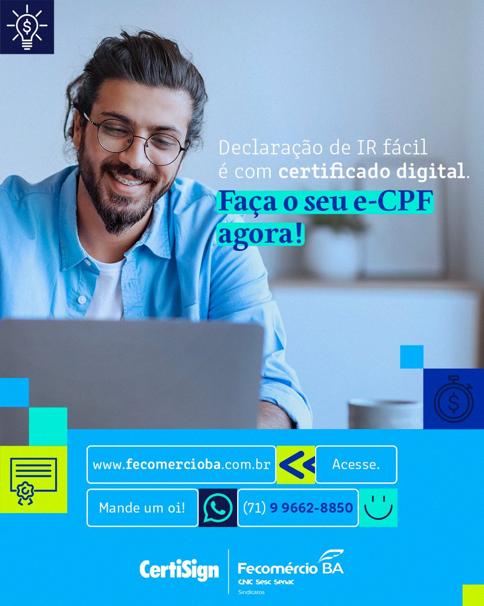 Não deixe para última hora!

Mande um oi para 71 9 9662-8850 ou acesse fecomercioba.com.br (link na bio) e saiba mais.
.
.
.
#certificadodigital #ir2022 #impostoderenda #certificadodigitalbahia #salvador #fecomercioba #certificadodigitalsalvador #certisign
3 sem