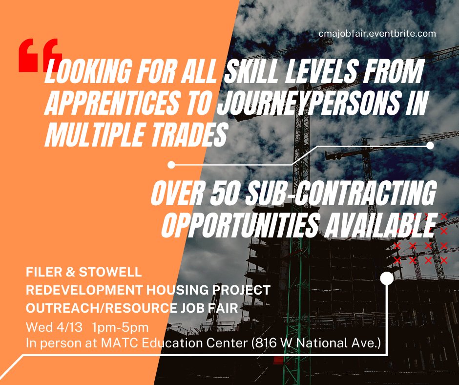 Prismtechnical's tweet photo. Register to attend the Filer &amp; Stowell Redevelopment Housing Project Outreach/Resource Job Fair on Wed 4/13. There will be RPP/Apprenticeship Info Session at 2pm &amp; Sub-Contractor Project Info Session at 3pm. https://t.co/VkF5cG4jrI #subcontractorsmmke #mkejobs #nowhiringmilwaukee https://t.co/noCXWw2rbu