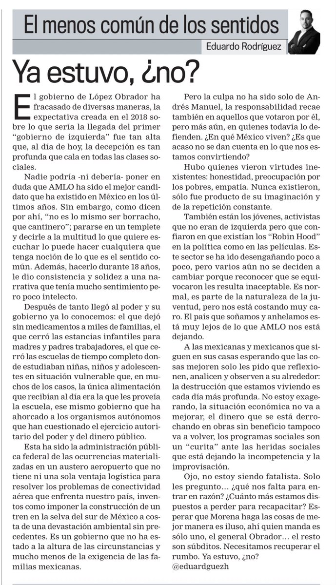 eduardguezh's tweet photo. Este ha sido el gobierno de las ocurrencias, el país que soñamos y anhelamos está muy lejos de lo que AMLO nos está dejando. 

Escribí esta semana en @SigloDurango del tema. @macariomx @linda_dimitrov @LaloSerranoZ @econokafka @econoclasta @vladimirgaleana @Luis_TV10 @luizork https://t.co/dFUdWbS4gE