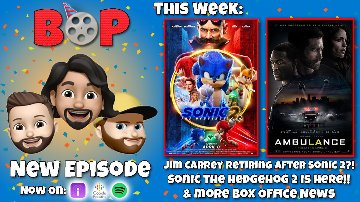 boxofficeparty's tweet photo. New Episode!

- New Releases: #SonicMovie2 #AmbulanceMovie #EverythingEverywhere 
- #JimCarrey Retires?
- #SelenaGomez the Liar?
- #EzraMiller Wacky?
- And much more!

https://t.co/oZnfWn4x5I https://t.co/02QLDBnpdR