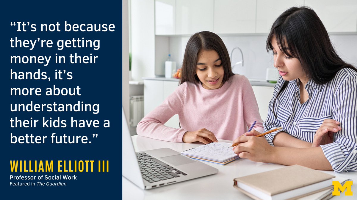 quote graphic, “It’s not because they’re getting money in their hands, it’s more about understanding their kids have a better future.” William Elliott III, Professor of Social Work, feature in The Guardian 