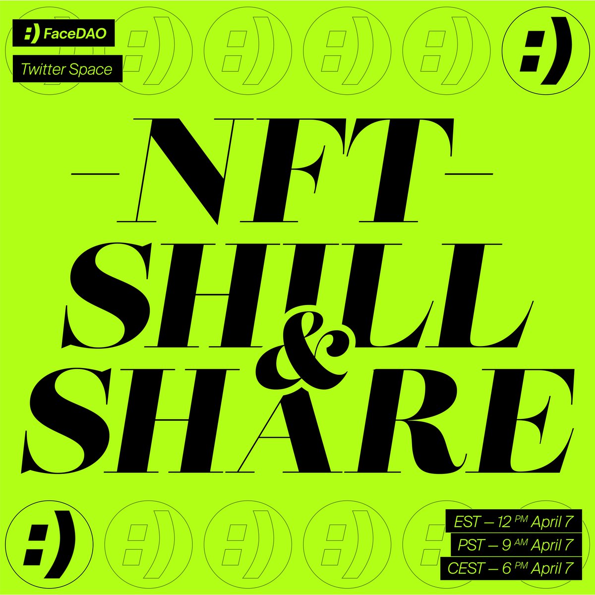 FaceDaoNA's tweet photo. NFTs, #crypto and more
Community at its core
Come see what we have in store! :D

Tell us about your latest NFT projects and anything crypto related at our #NFT Shill 'N Share!

We begin in 30 mins.

https://t.co/sayPGJXYnE https://t.co/GRNLcskeg8