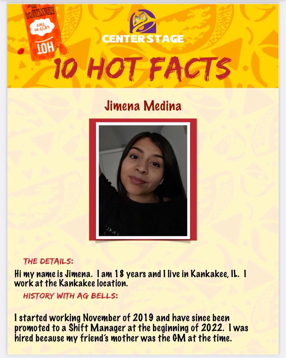 AGBellsLLC's tweet image. It’s Center Stage Time! Please meet Jimena Medina from our Kankakee location!  Thank you for being a part of our team! @agbellsllc #agbellschicago #ampler #centerstage #meetourteam #tacobell