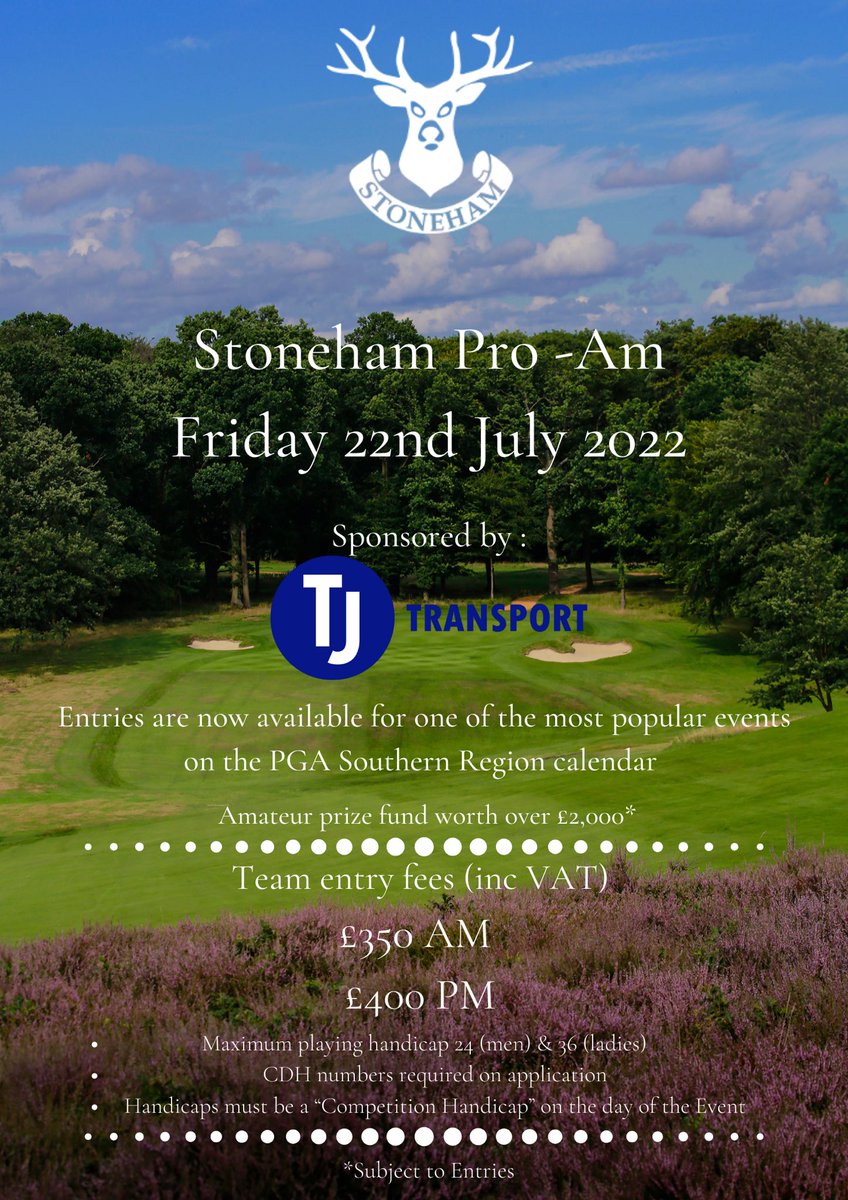 The Stoneham Pro-Am will be on the 22nd July. Sign up for one of the most popular events of the PGA Southern Region calendar. 

This year’s amateur prize is worth over £1,000, so do not miss you chance to compete in this competition! Download the entry form from our website!
