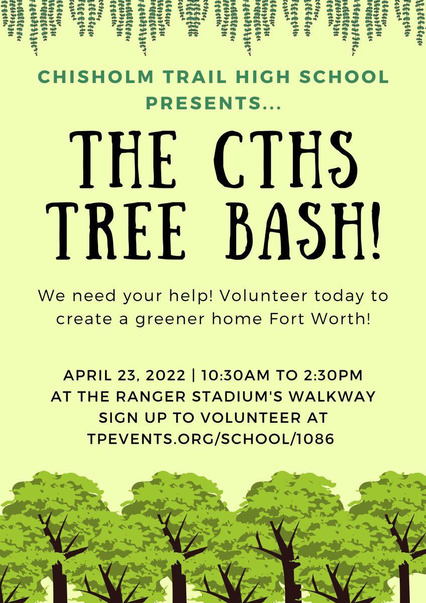 Ranger Nation! Come out &amp; join the Green Team at the CTHS Tree Bash! There will be tree planting, Kona Ice, Starbucks &amp; more! If you’d like to volunteer to help, sign up here ➡️tpevents.org/school/1086 <a href="/EMSISD/">EMS ISD</a> #EMSproud #EMScommUNITY #RangersRide #BeTheChange