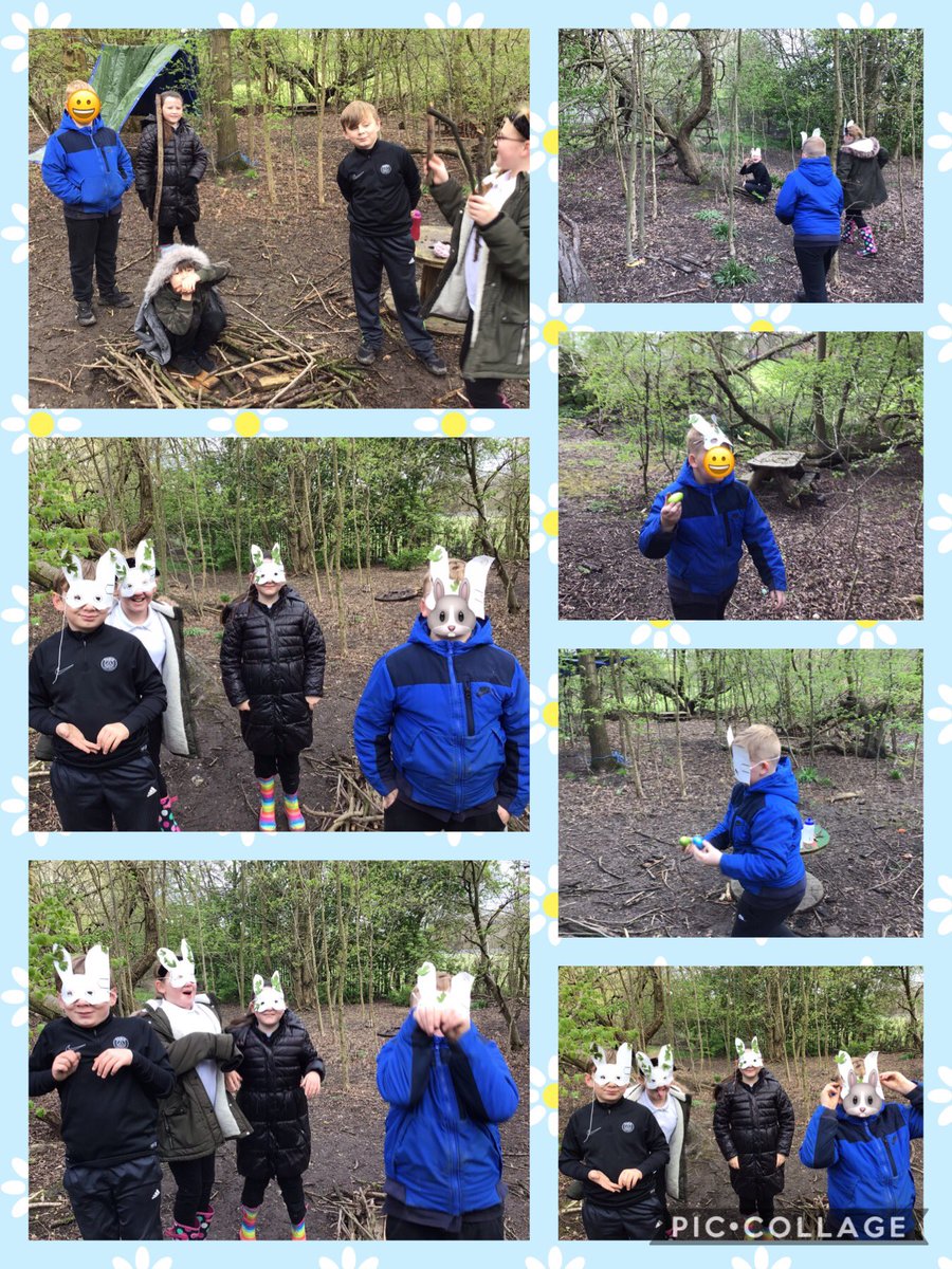 CatcliffePS's tweet photo. We had a special Easter forest school session today! We made a giant nest, made bunny masks decorated with natural materials and then had an Easter egg hunt! @SuperSquirrels_ #forestschool #easter #egghunt #outdoorlearning #raining https://t.co/JcKPHsX63c
