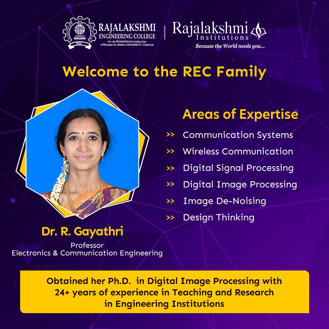 myrecchennai's tweet photo. Welcoming Dr. R. Gayathri as the Professor, Electronics & Communication Engineering Department to the REC family!
#welcomeprofessor #recfamily #chemicalengineering
#REC #RajalakshmiInstitutions #RajalakshmiEngineeringCollege #EngineerYourFuture #Engineering https://t.co/NpsG1Mt8Br