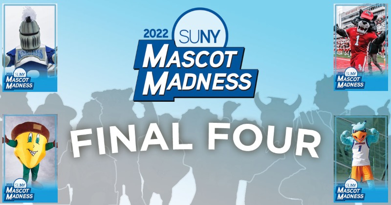 SUNY's tweet photo. We've reached the semi-finals. Four mascots left standing in #SUNY #MascotMadness 2022, but only one can win. Voting is open!
🔹 Victor E Knight - @SUNYGeneseo
🔹 Oakie - @SUNYESF
🔹 Wolfie - @StonyBrookU
🔹 Hugo Hawk - @NewPaltz