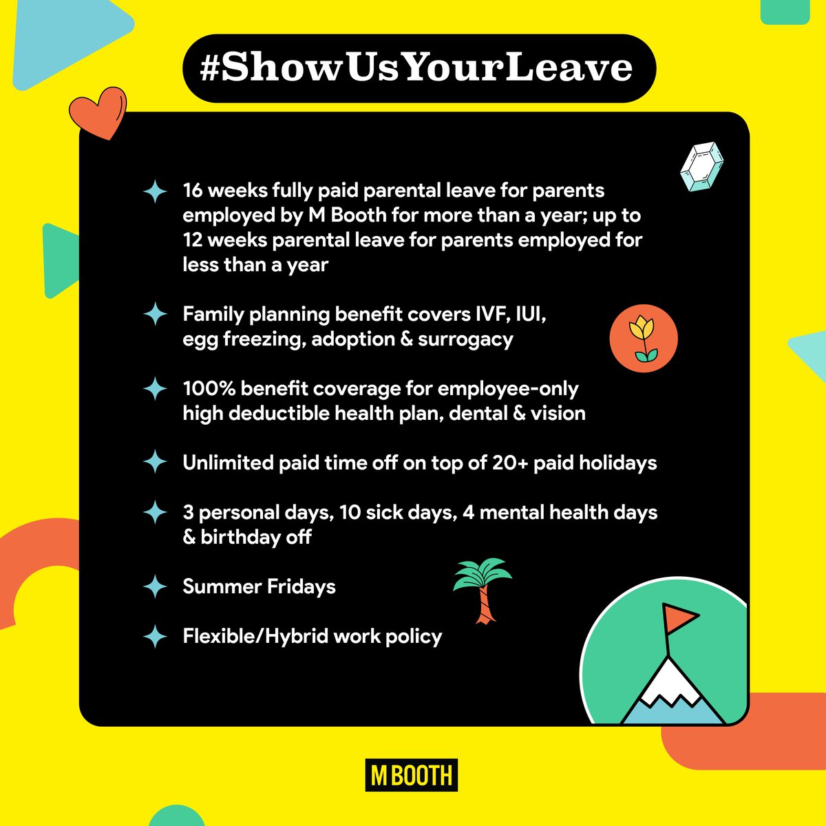 MBoothAgency's tweet photo. At M Booth, we know that being inspired at work goes hand in hand with creating a supportive &amp;flexible work environment for all of our Boothers. Thanks to @theSkimm's #ShowUsYourLeave campaign, we're joining the conversation about paid leave benefits ⬇️ https://t.co/Wwrvtm26kN